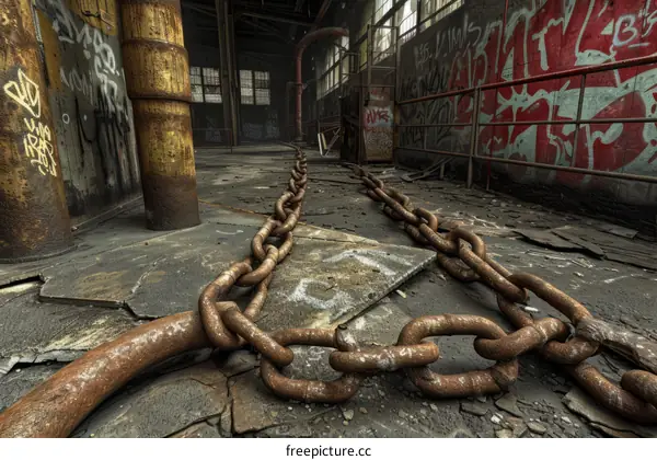 rusty chains lie on the floor of an abandoned factory