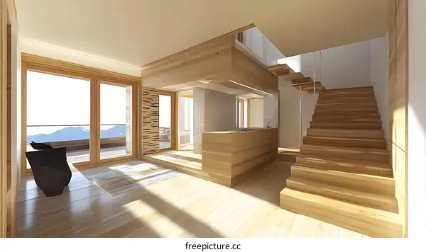 Modern Wooden Stairs and Glass Railing in a Home Interior