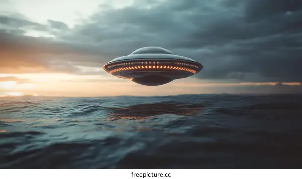 UFO Hovering Above the Sea at Sunrise