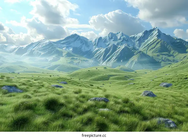 Green Valley With Snow Capped Mountains