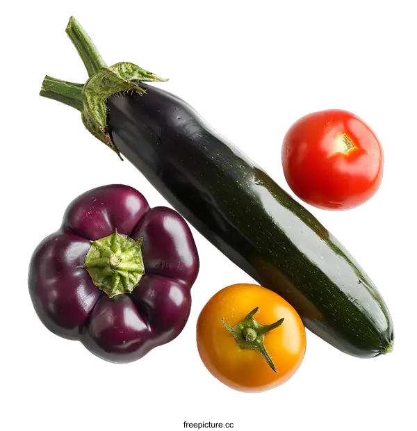 [Transparent Background PNG]Zucchini Eggplant Bell Pepper And Tomato On White Background