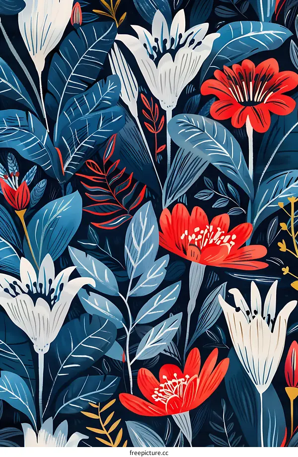 Seamless Pattern Illustration with Flowers and Leaves in Dark Blue Background
