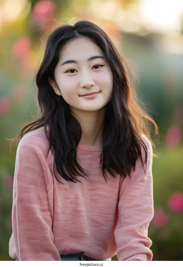 Young Asian Woman Wearing a Pink Sweater