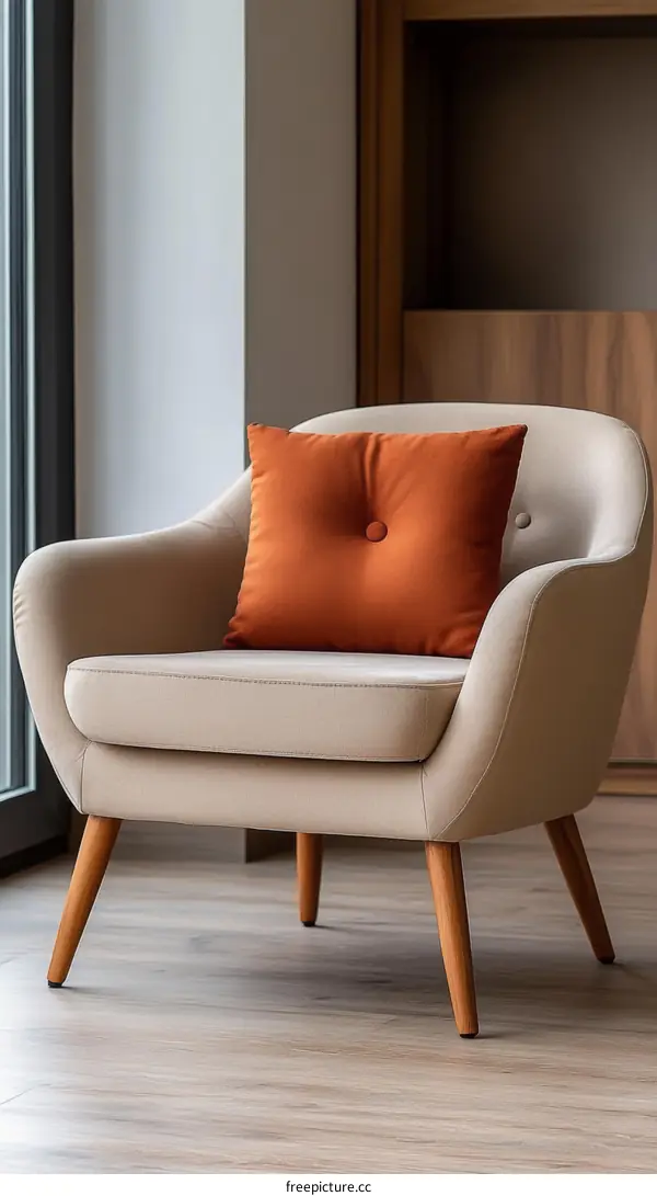 Modern Beige Armchair with Orange Pillow