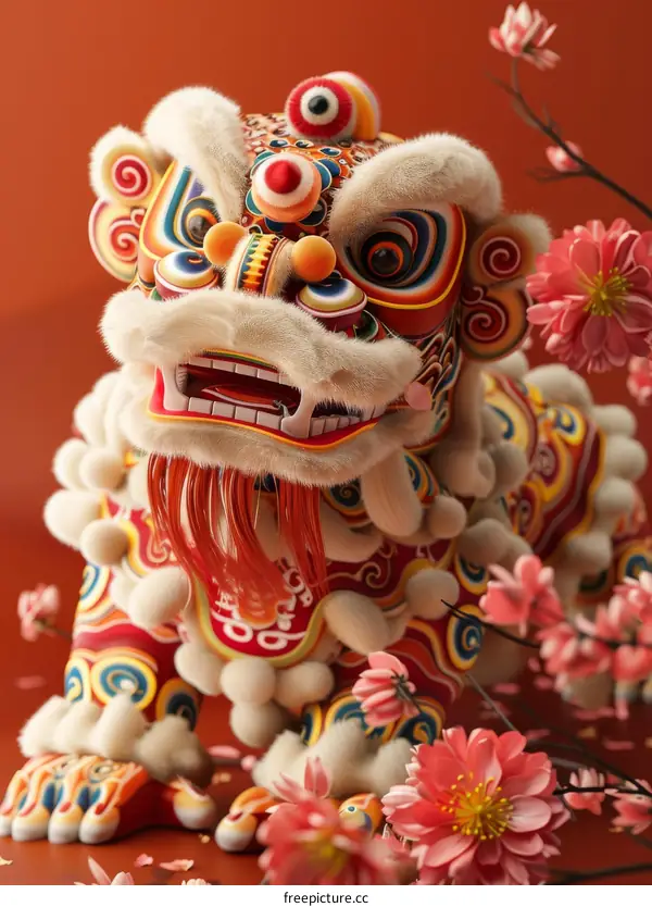 Chinese Lion Dance Costume with Peach Blossoms