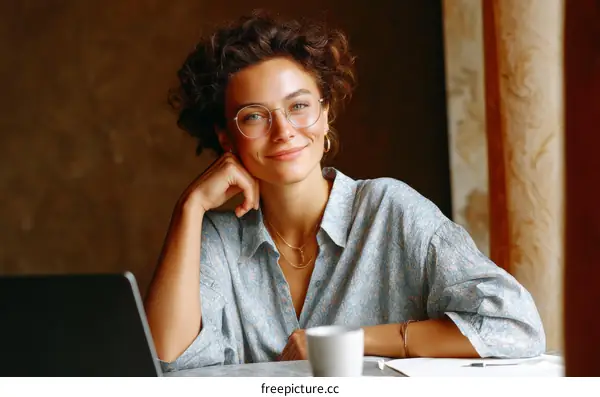 Woman Working on Laptop in Cafe