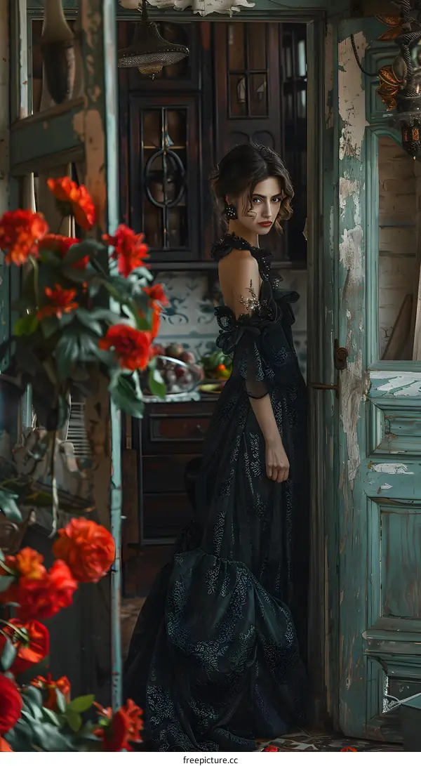 portrait of a girl in a black dress standing in a doorway