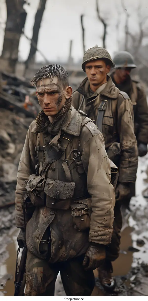 Three American soldiers in the Battle of Hurtgen Forest, Germany, December 1944.
