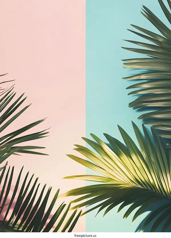 Tropical Palm Leaves on a Pink and Blue Background