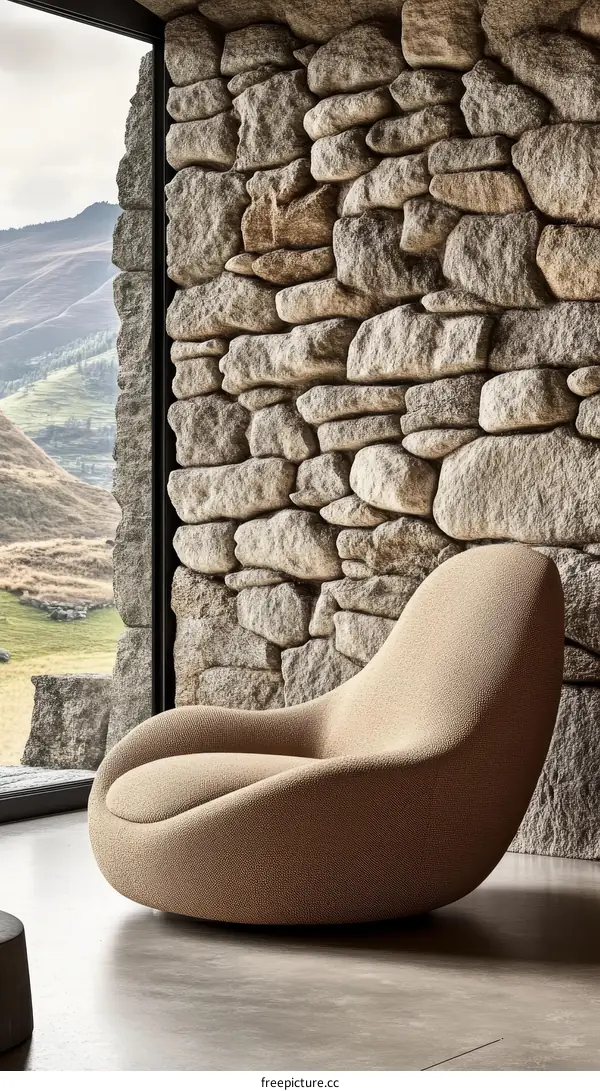 Modern Beige Armchair in a Stone Wall Setting