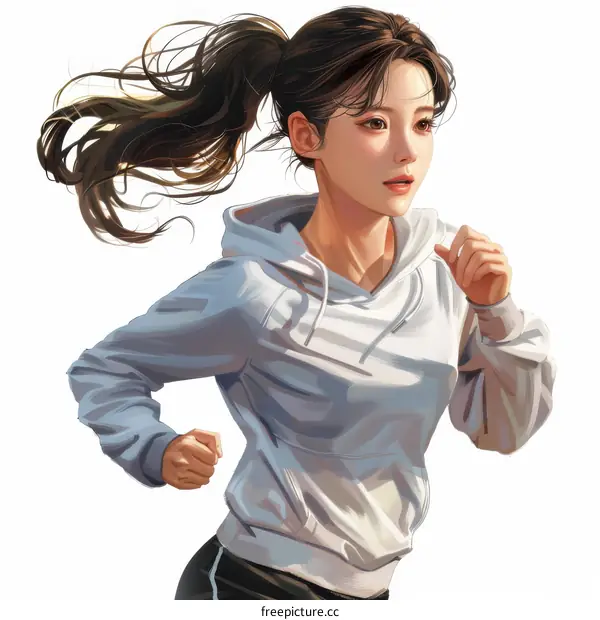 A young woman with brown hair in a ponytail is running