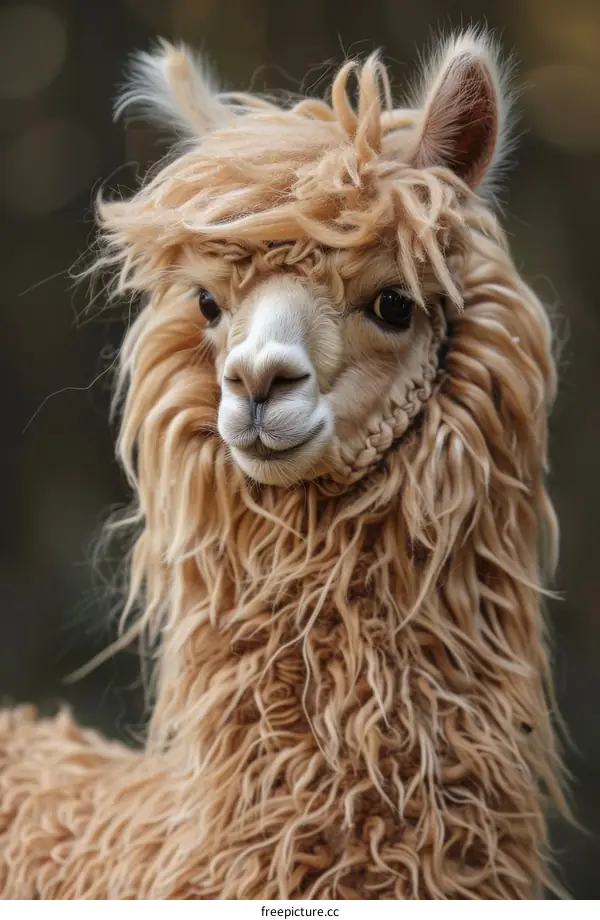 A close-up portrait of an alpaca with light brown fur