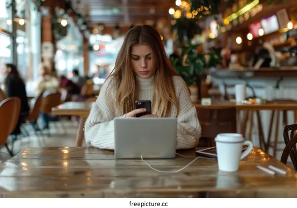 Young woman working on laptop in cafe