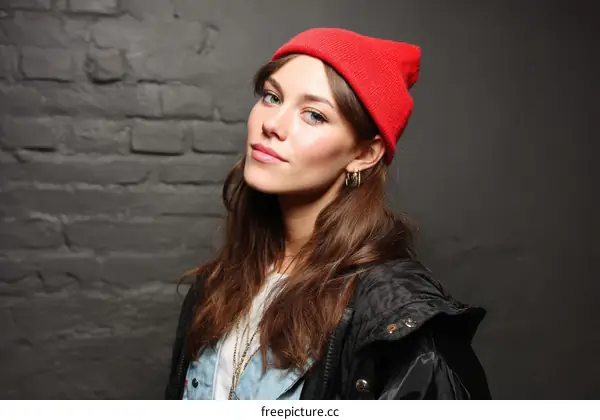 Stylish Woman in Red Beanie Fashion Portrait