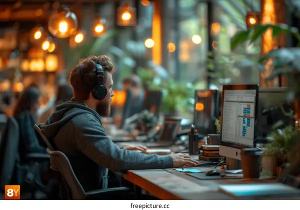 Focused young male professional working on computer project in modern office