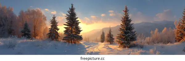 Winter Sunrise in Snowy Mountain Forest