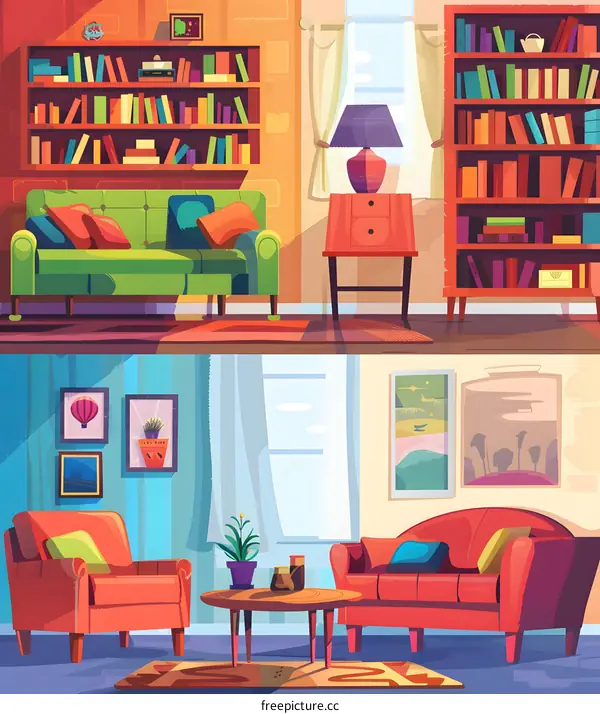 Cozy Living Room with Bookshelves and Sofa