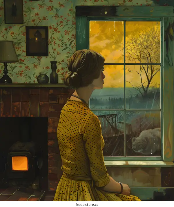Woman in a Yellow Dress Looking Out a Window