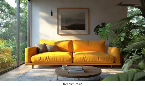 Modern Living Room with a Yellow Sofa and Plants