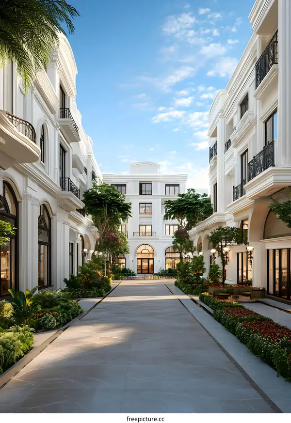Luxury Apartment Building Exterior With Walkway And Greenery