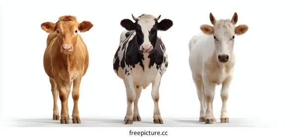 Three Cows Standing in a Row Against a White Background