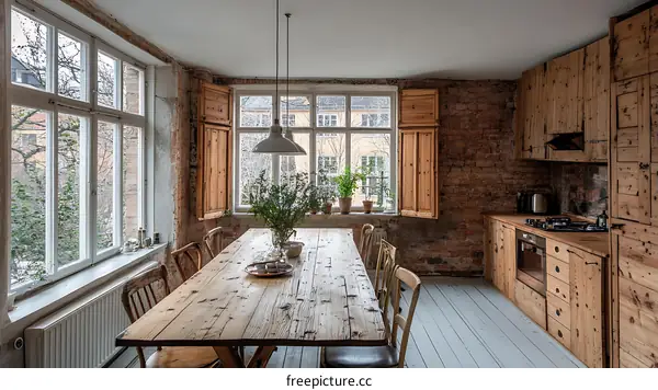 Rustic Wooden Dining Area with Brick Wall Kitchen