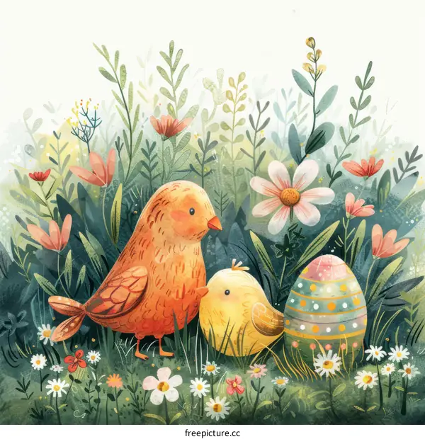 Cute Birds and Easter Egg in a Floral Nest