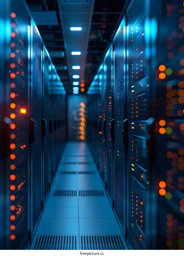 Server room with blue and orange lights