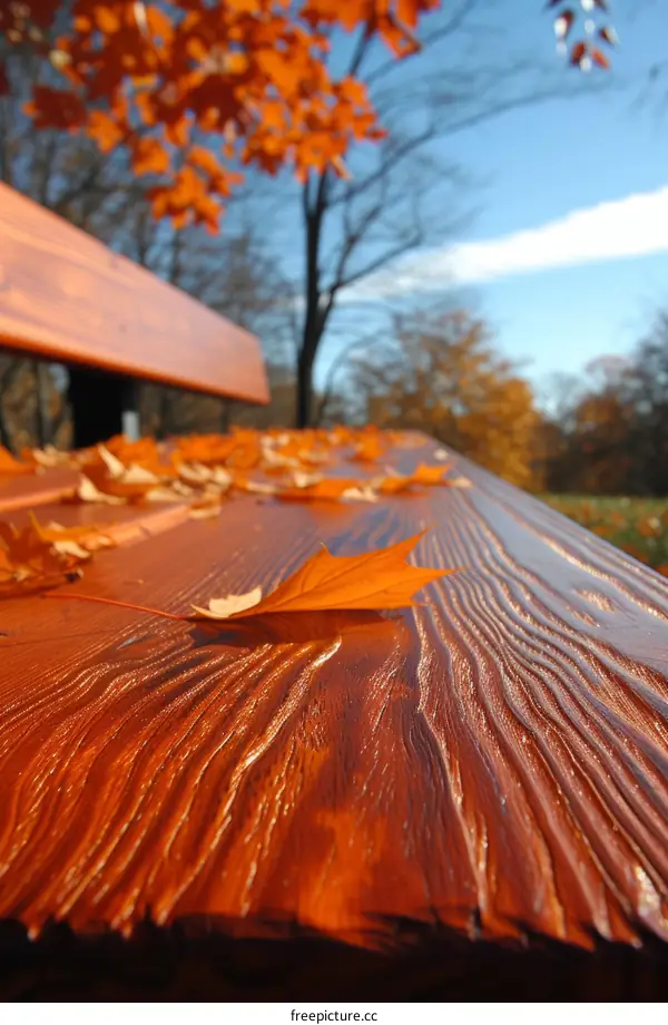 fallen leaves on a park bench in autumn