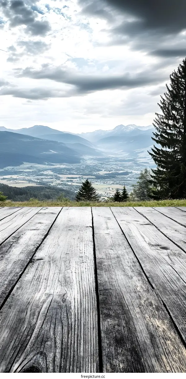Wooden Plank Background With Mountain View