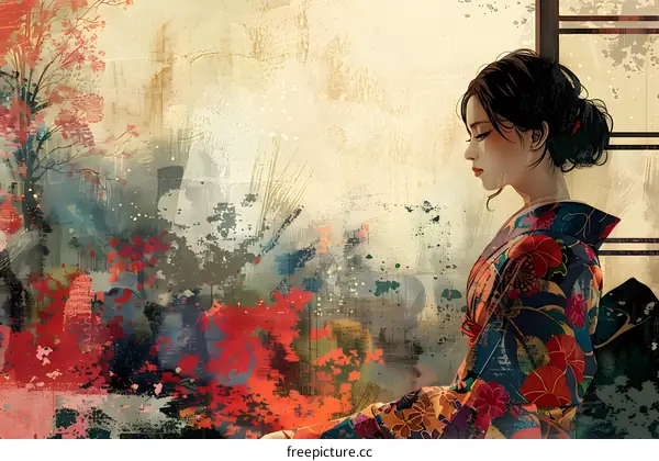 An Asian woman wearing a kimono is sitting in a traditional Japanese room.