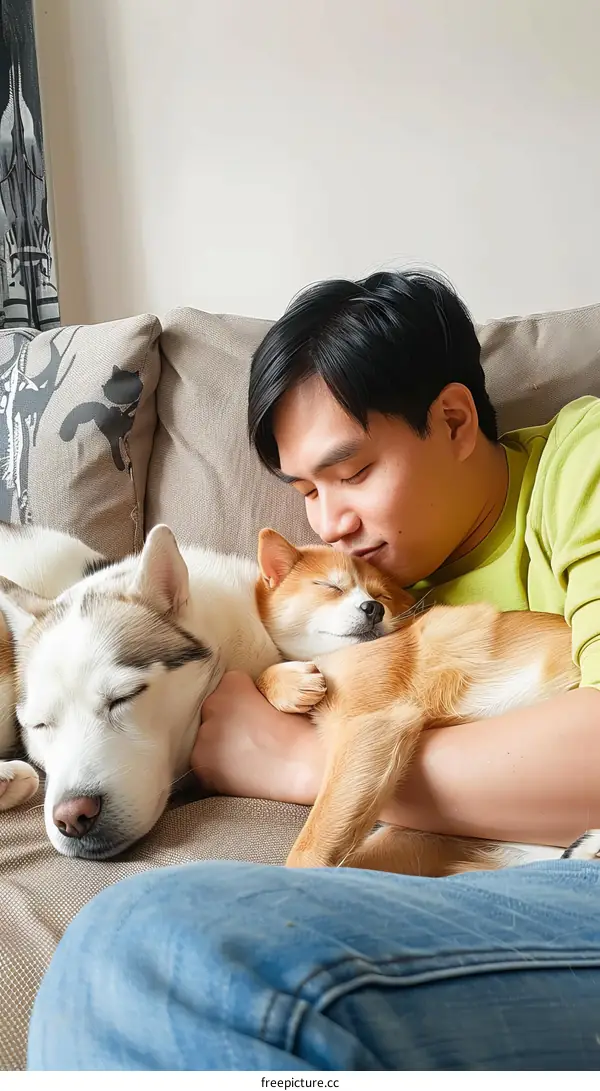 A man is hugging a Shiba Inu and a Husky.