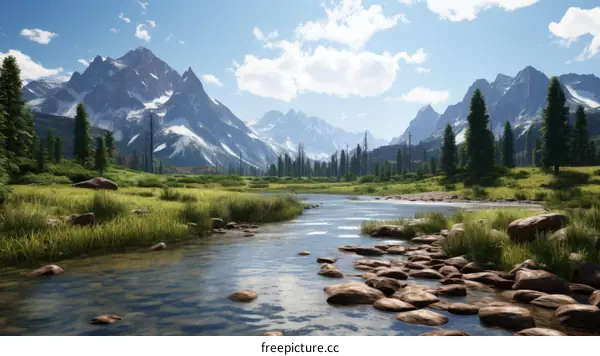 Snowy Mountains and Lush Green Valley