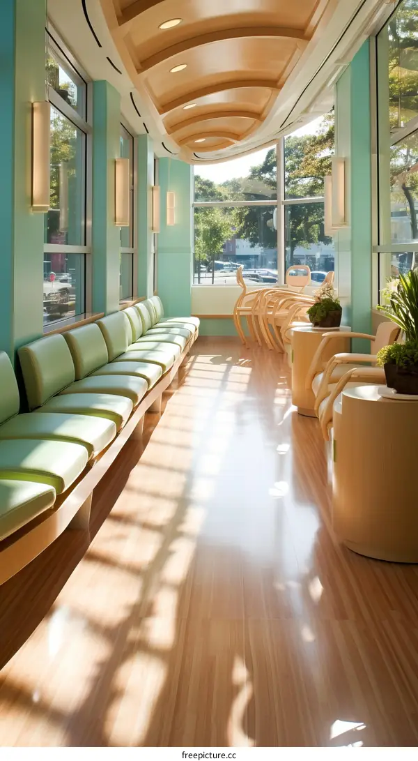 Waiting Area With Green Chairs and Large Windows