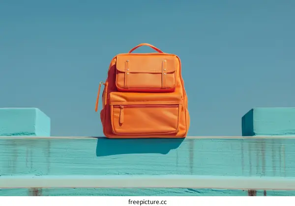 Vibrant Orange Backpack on Azure Background