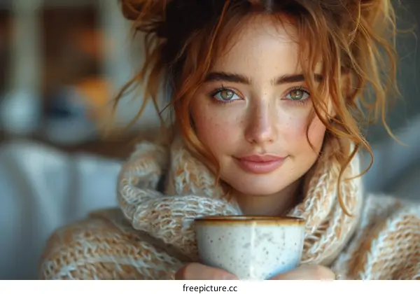 portrait of a beautiful young woman with freckles and green eyes