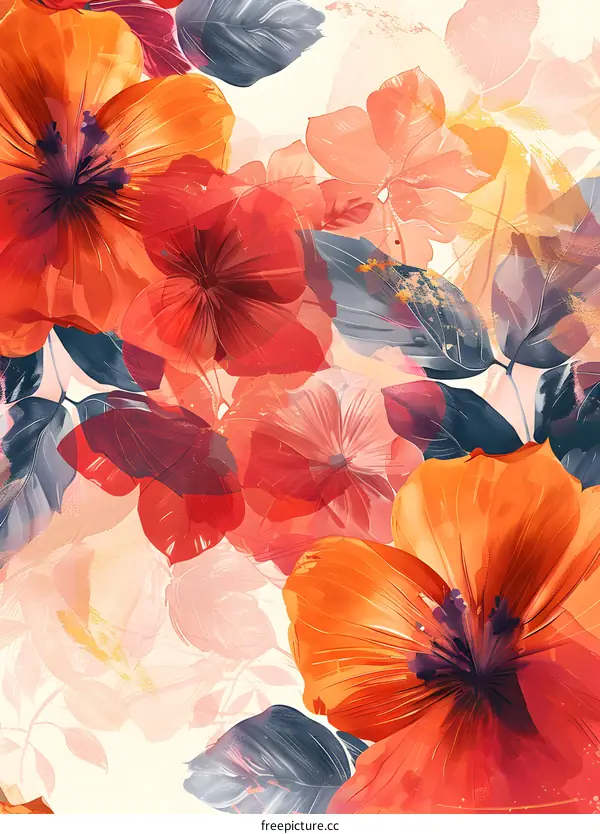 Red and orange hibiscus flowers with grey leaves on a cream background