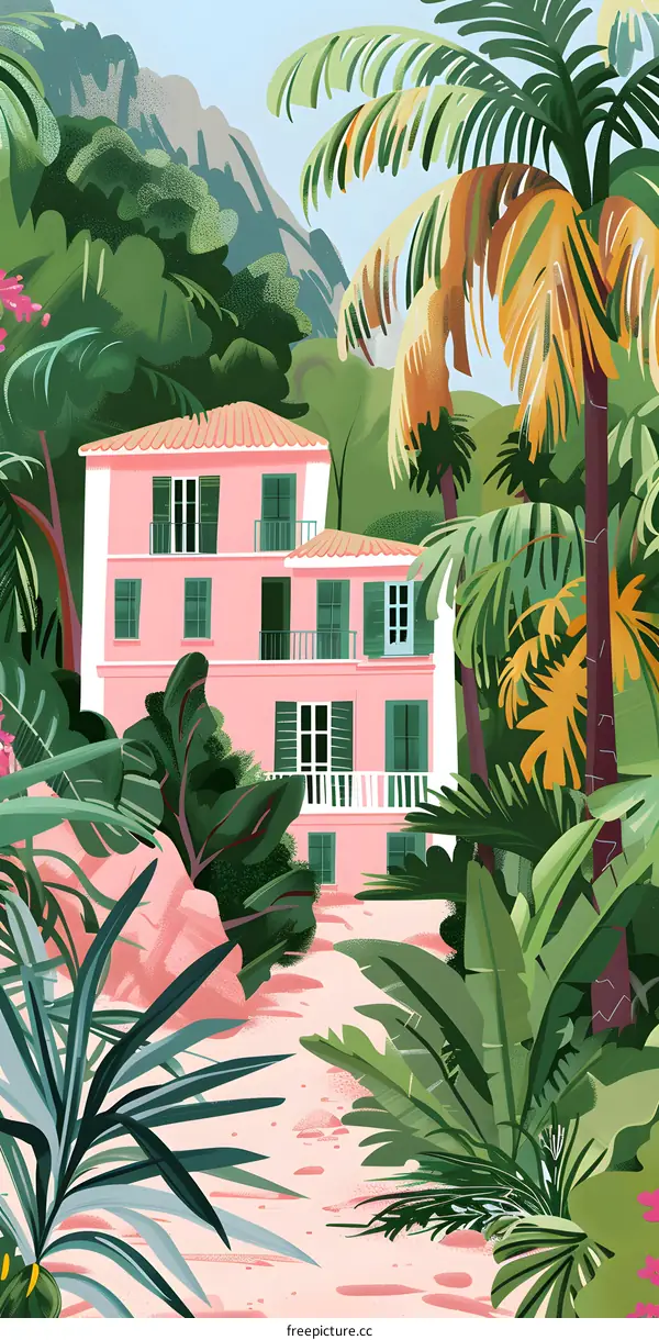 Pink House in Tropical Garden Illustration