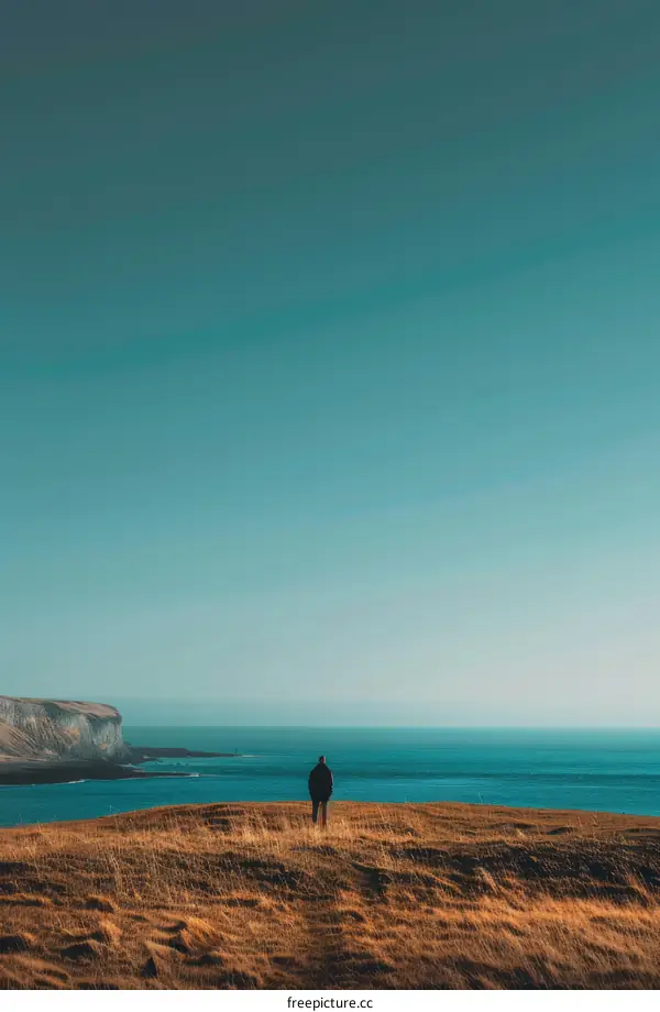 Man standing alone on cliff edge looking out at vast ocean