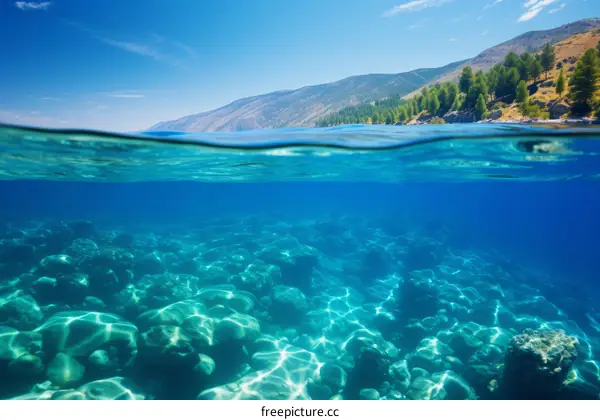 Underwater split view of a mountain lake with rocks and trees