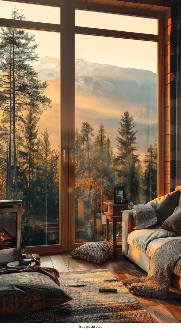 Cozy living room with a view of the mountains and forest