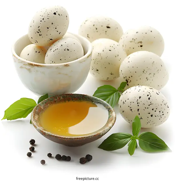 White and brown speckled quail eggs with basil and olive oil