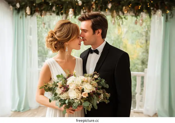 Romantic Wedding Couple with Bouquet