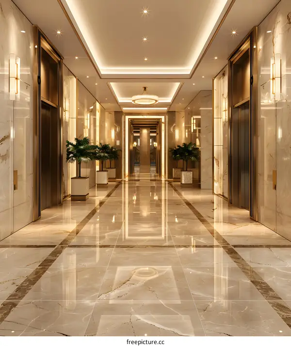 Empty Hotel Corridor with Marble Floors and Gold Accents