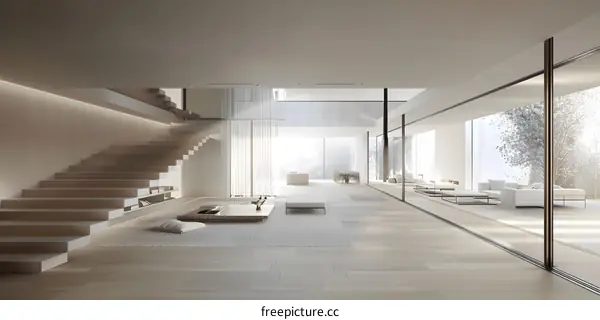 Modern Minimalist Interior Design with Wooden Stairs and Glass Sliding Doors