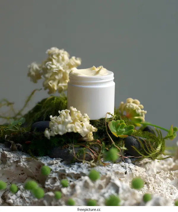 White Cream Jar Surrounded By Natural Elements