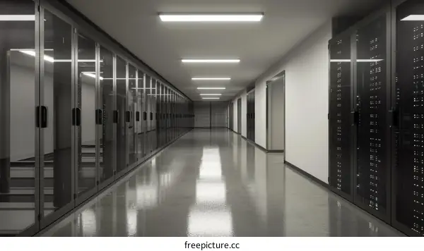Server Room Hallway With Black Metal Cabinets