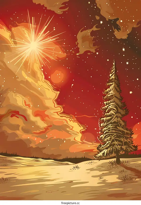 Golden Sunset Over Snowy Landscape with Pine Tree