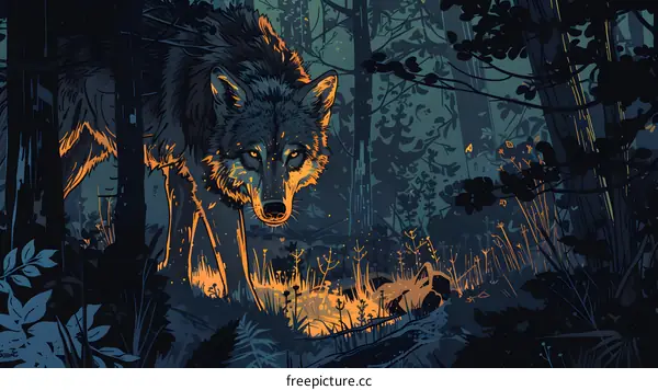 Wolf in the Forest Night Illustration