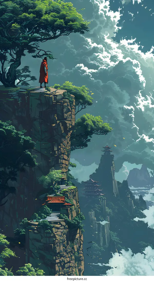 A monk standing on a cliff overlooking a valley with a temple in the distance